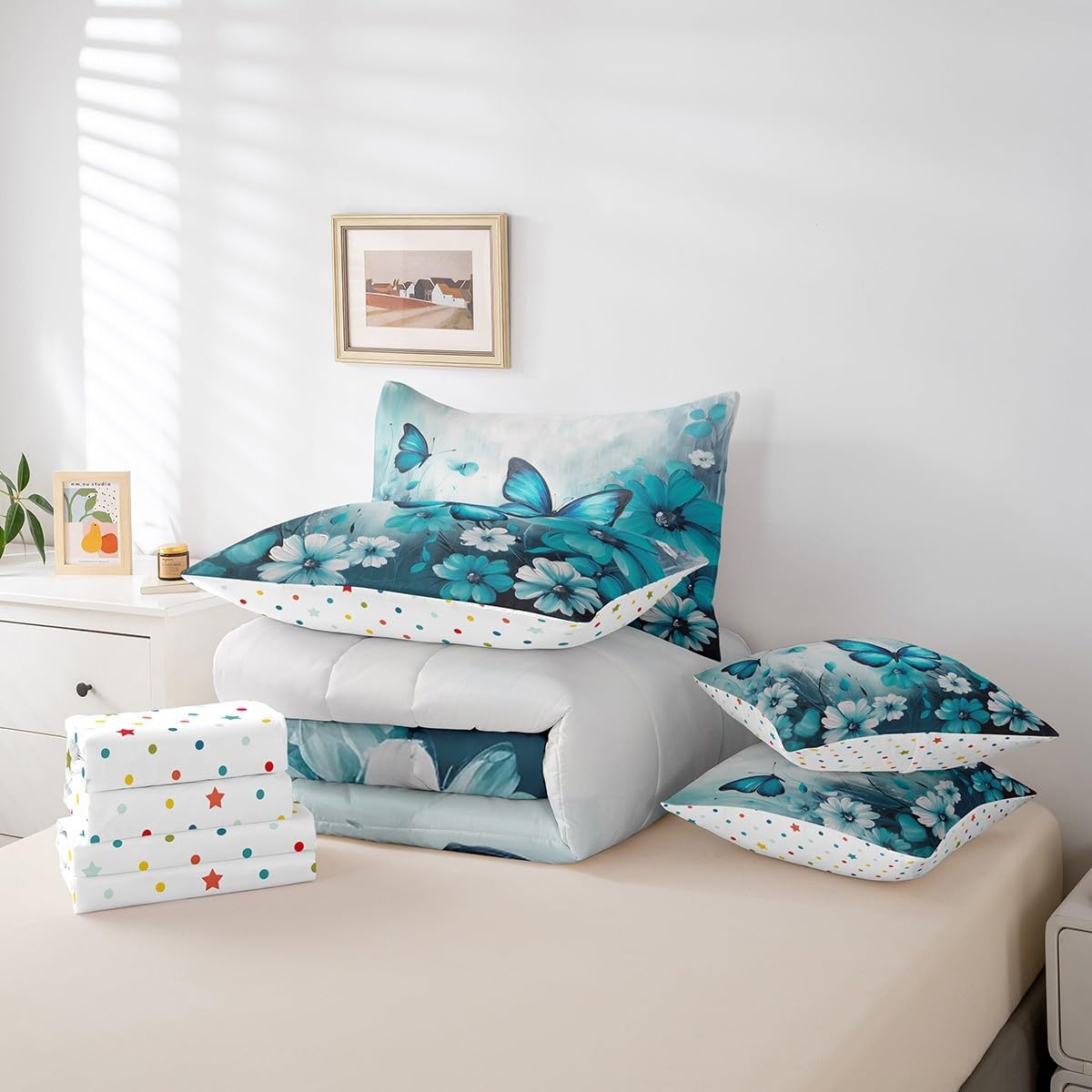 Erosebridal Butterfly Flowers Bed in a Bag King Size Comforter Set 7 Pieces,Teal Ombre Art Oil Painting Floral Bedding Sets Rustic Aesthetic Animal Daisy Flower Sheet Set with Comforter