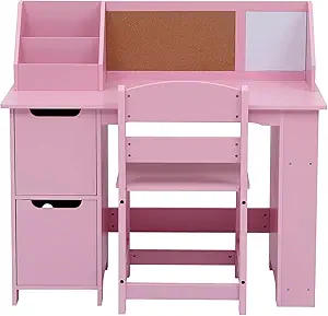 Kids Study Desk with Chair, Student Writing Table and Chair with Bookshelf, Bulletin Board, and Cabinets, Children Study Table for Boys and Girls, Pink