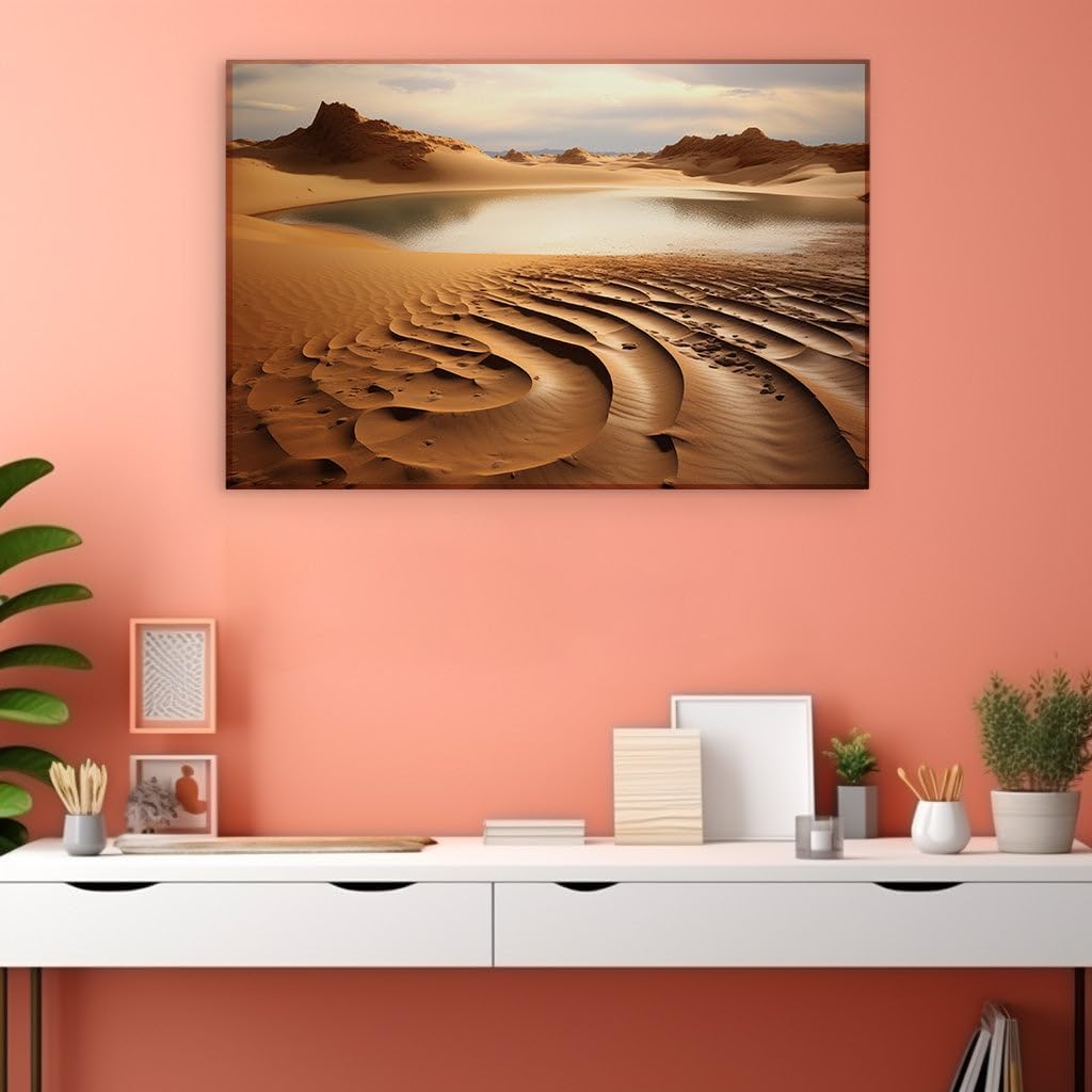 Canvas for Living room. Desert Oasis Mirage: A Lonely Lake Amidst the Sea of Sand, 27 x 18 inch Canvas Wall Art - Modern Home Decor