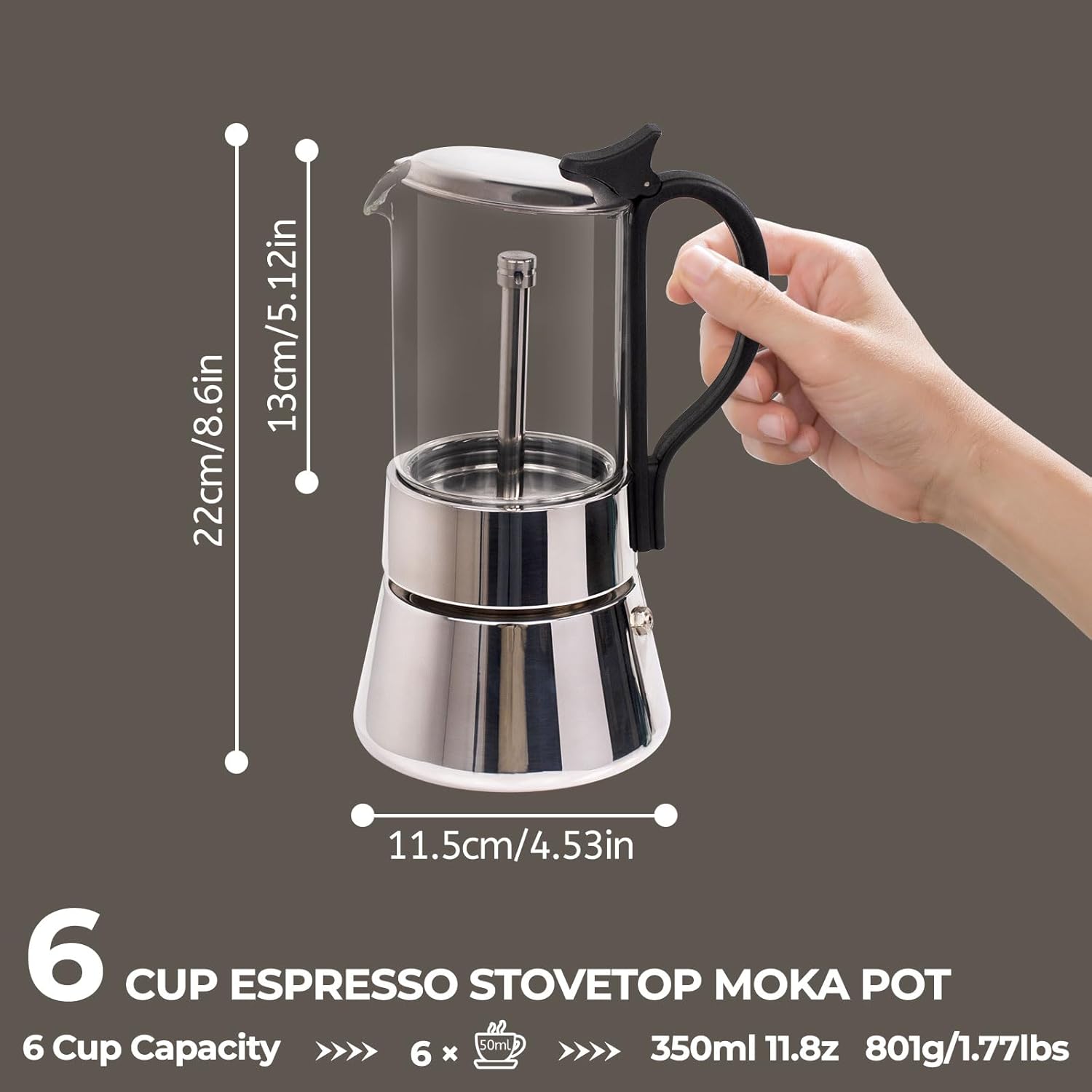 Clear Glass Moka Pot 6 Cup 350ml Stainless Steel Coffee Maker Uncoated Stovetop Espresso Coffeemaker Italian Classic Style Brewing Greca Cafe Mocha Machine for Cafeteras Camping Travel Home
