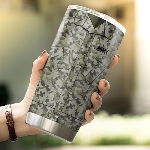 Miniatura 5 de Vaso de café de viaje del ejército con tapa aislada, taza patriótica de acero inoxidable de 20 onzas, regalos para papá jubilado, mujeres en el día