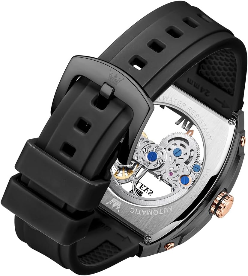 OLEVS Watches for Men Fully Skeletonized Shape Automatic Self Winding Mechanical Luxury Dress Silicone Waterproof Luminous Men Square Wrist Watch