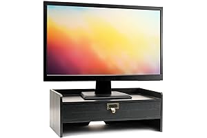 Excello Black Wooden Monitor Stand with Storage Drawer