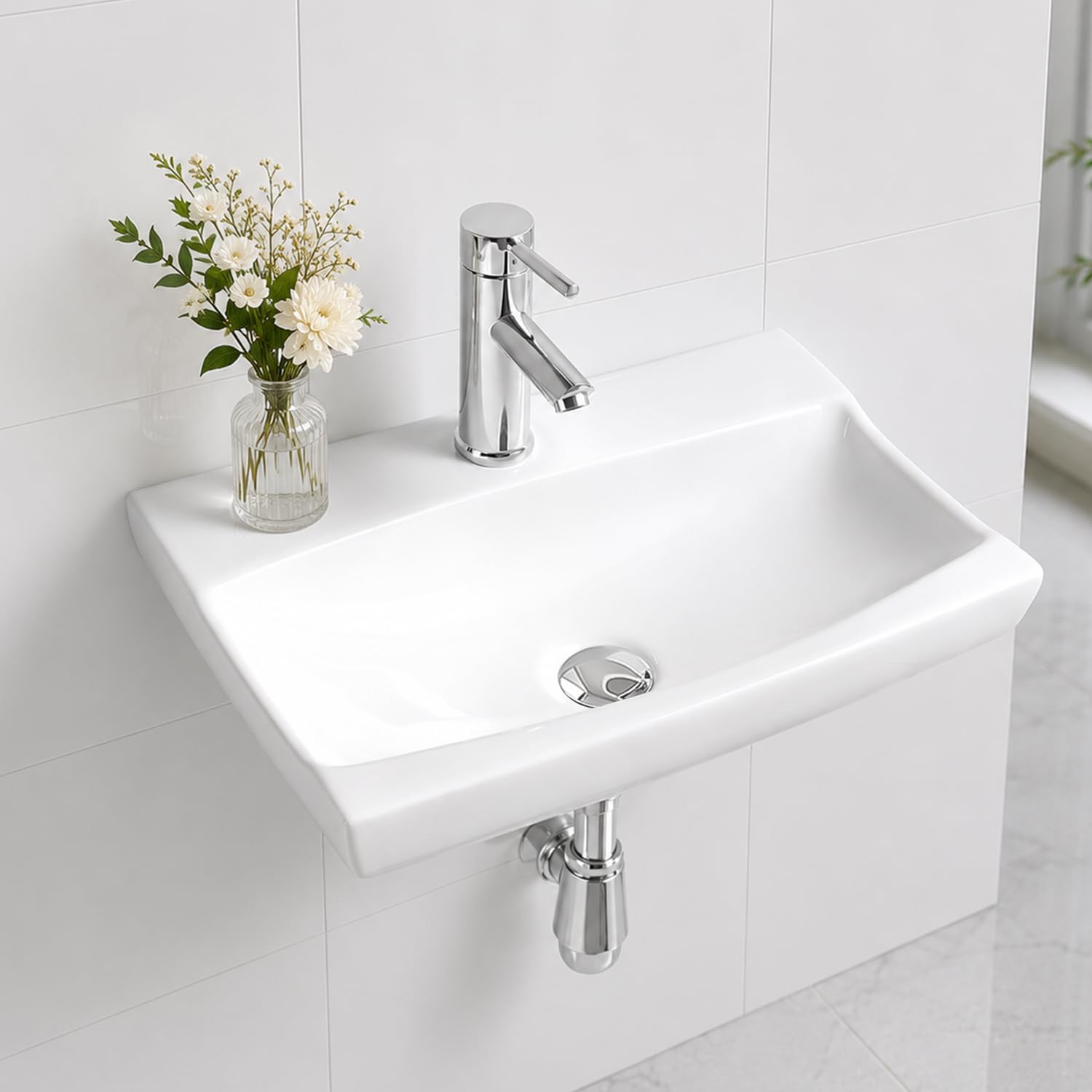 Belofay White Wall-Mounted Bathroom Sink Basin – 10X49x33cm Modern Ceramic Wash Basin With Scratch-Resistant Gloss Surface – Rectangular Sink Basins For Cloakroom, Vanity Cabinet, And Bathrooms