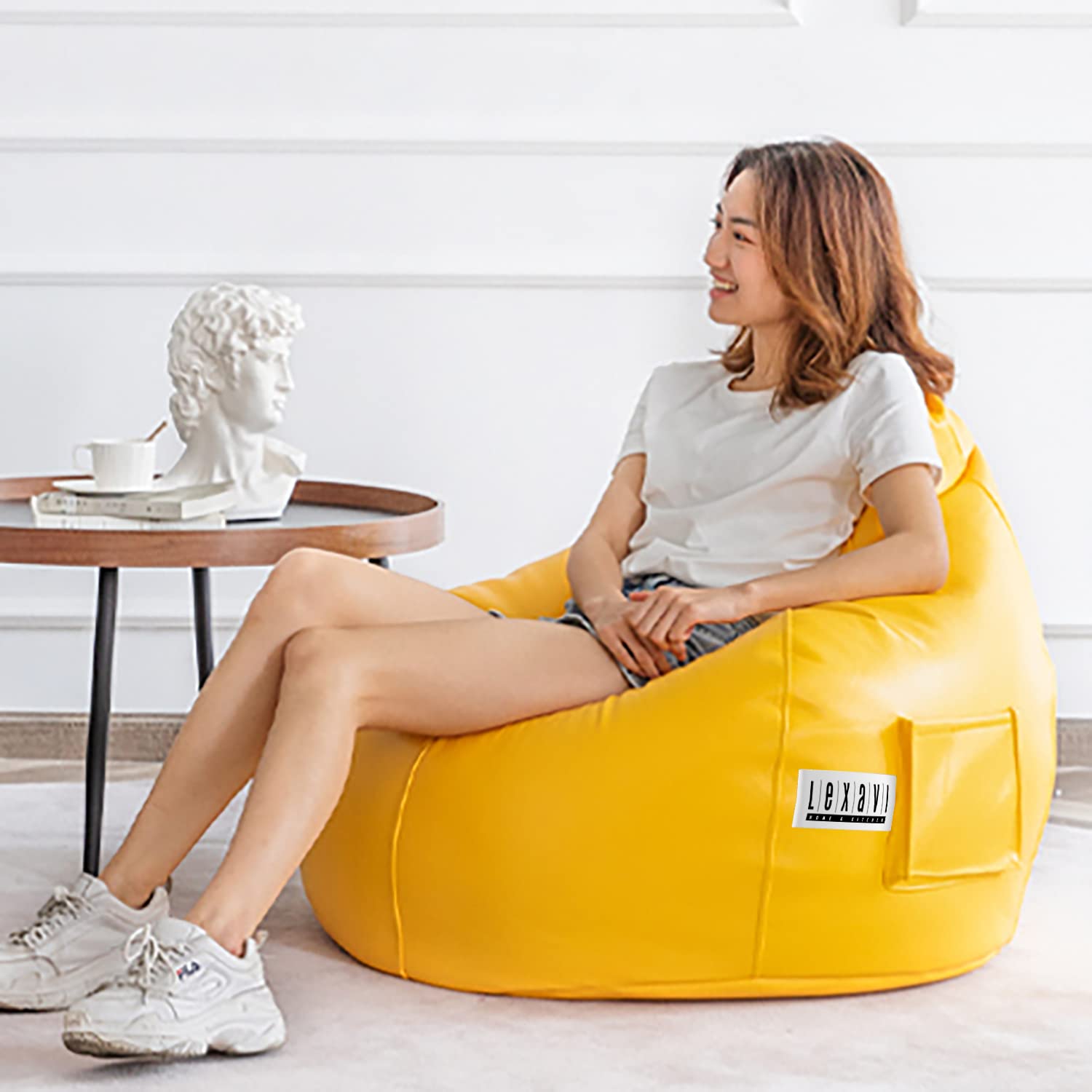 LEXAVI Brand® - Bean Bag with Footrest Filled with Beans, Large Jumbo Size in Faux Leather - (XXXL, Yellow - Pocket)