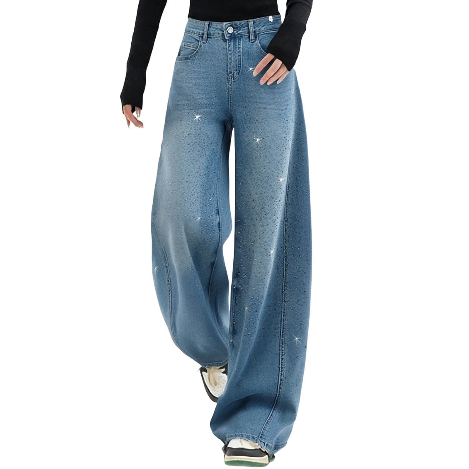 Pantalones holgados para mujer, cintura alta, pierna acampanada (Flared) en aspecto vaquero con adornos de diamantes de imitación, diseño de patchwork para un estilo vintage moderno, pantalones de