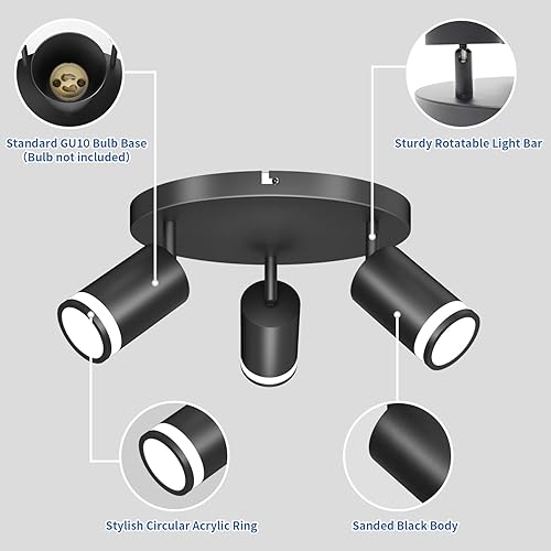 Miniatura 5 de ABA - Focos de techo para interiores 3 luces LED semiempotradas, lámpara de techo ajustable GU10 con difusor acrílico, luz direccional redonda negra