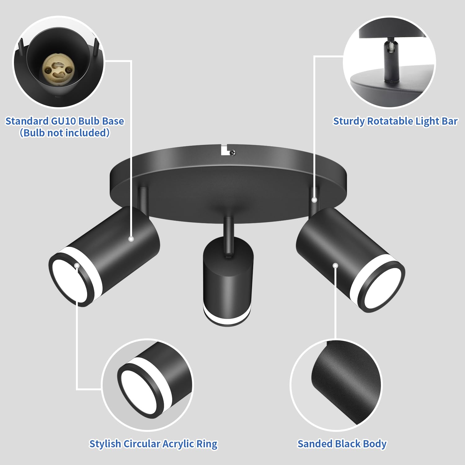 GORDNWE 4-Light Track Lighting Fixture – GU10 Flexible Spotlights, Matte Black, Adjustable Foldable Arms, Dimmable Compatible, For Kitchen Hallway Living Room