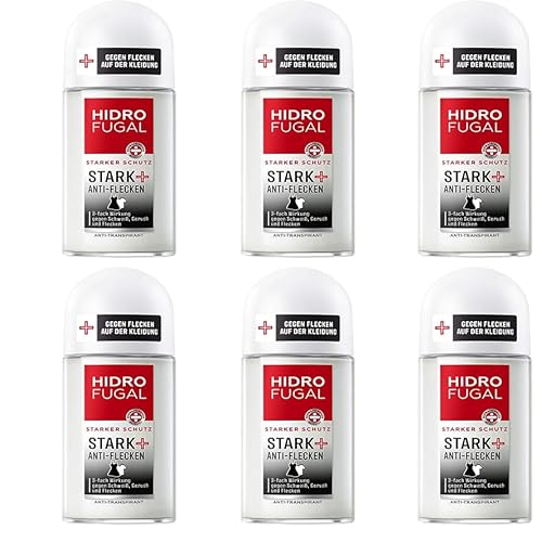 6x Hidrofugal STARK + ANTI-FLECKEN Roll-on, starker Deo Schutz gegen Schweiß, Geruch und Flecken, Antitranspirant ohne Ethylalkohol gegen Achselnässe & Körpergeruch 50ml (6er Pack)