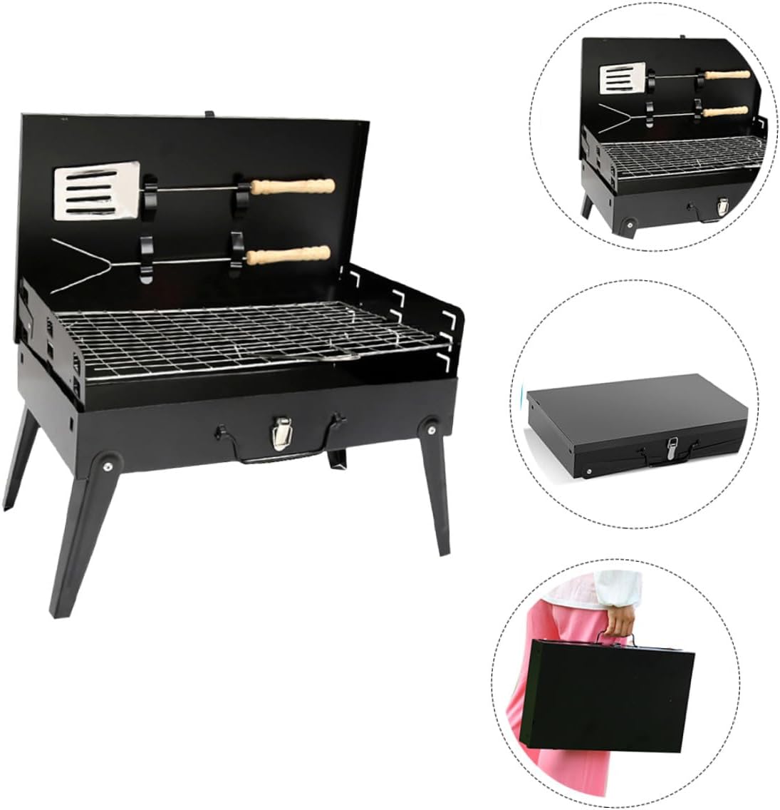 GARVALON Portable Folding Barbecue Grill Stove with Accessories, 44x27x47cm Steel Outdoor Camping Bbq Grill for Picnic, Travel, and Backyard Barbecue