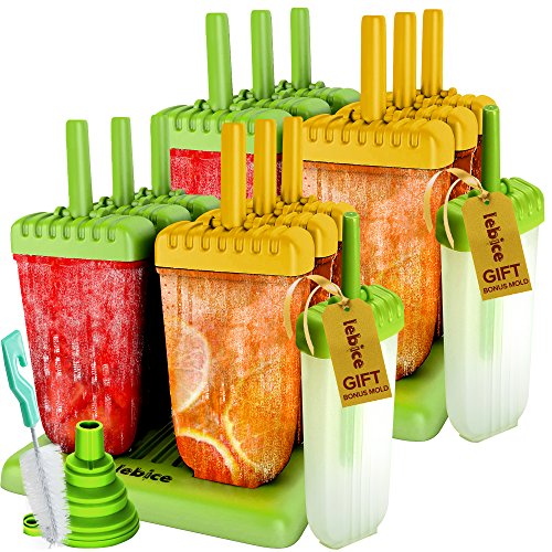 Lebice Popsicle Molds 12-Piece Set - BPA Free - Ice Pop Makers + 2 Silicone Funnels + 2 Cleaning Brushes.