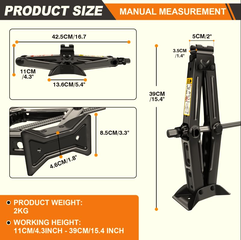 Cric losange pour voiture, SUV, monospace, capacité de charge de 2 tonnes, acier de haute qualité, poids 2 kg, hauteur maximale 39 cm, hauteur minimale 11 cm, clé hexagonale incluse