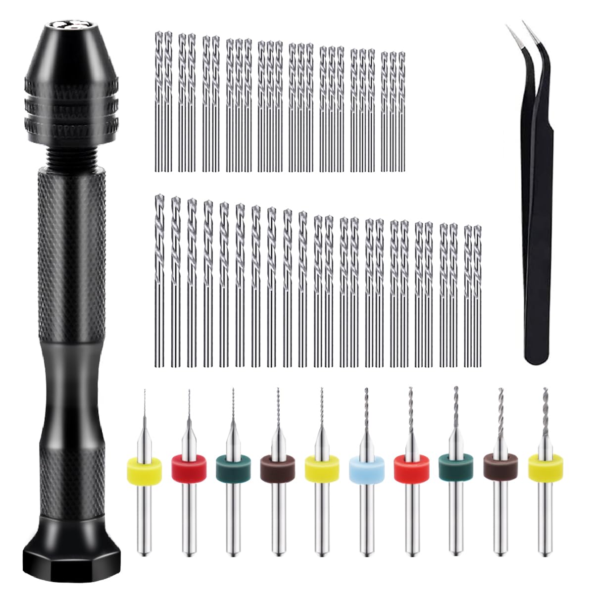 Dianrui 60 PCS Pin Vise Hand Drill Set including a Hand Drill, a Elbow Tweezers, 10 PCS PCB Mini Drills Bits, and 48 PCS 0.3-3.5mm Twist Micro Drill Bit Set for Jewelry DIY, Resin and Model Making Etc