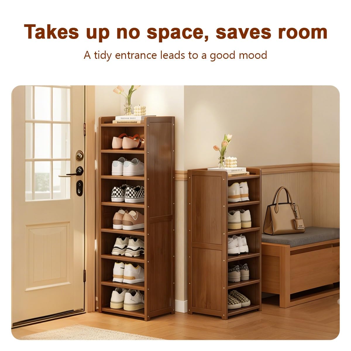 Natural Bamboo Shoe Rack, Freestanding Narrow Vertical Shoe Storage Organizer For Closet, Front Door & Entrance(1 pair of shoes,8th floor)