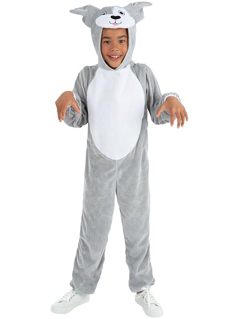 Smiffys Disfraz de perrito en gris, Gris, con mono con capucha y cola Halloween, Carnaval