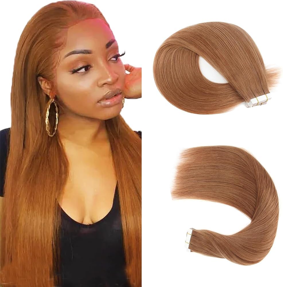 #30 Light Brown Tape in Extensions Human Hair 28 Inch Brown Straight Tape in Seamless Extensions Real Human Hair Skin Weft Seamless Invisible Unprocessed Virgin Remy Hair For Women 45g 10 Pcs