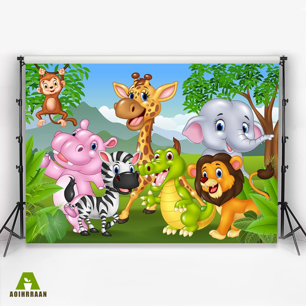 DORCEV Cartoon Zoo Backdrop Jungle Safari Party Cartoon Zoo Theme Kids Birthday Party Background Lion Tiger Panda Green Leaf Kids Party Cake Table Banner Kids Birthday Photo Studio Props - View #6