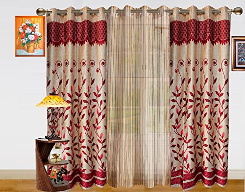 Dekor World Ultima Leaf Panel Red Beige Curtain Combo. -Pack of 3-110X215 Cm (4X7 Feet) Door Curtain for Living Room and Bedroom