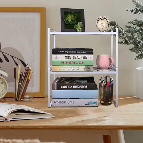 Miniatura 8 de Paquete de 2 organizadores apilables para gabinete, estante de almacenamiento de metal recubierto de alta resistencia, antideslizante que ahorra