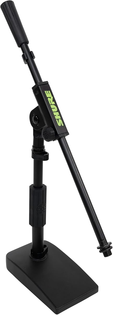 Shure by Gator Soporte de micrófono de perfil bajo con brazo de una sola sección (SH-DESKTOP2) | Base compacta antideslizante con peso, ajuste de altura del embrague giratorio, gestión de cables integrada.