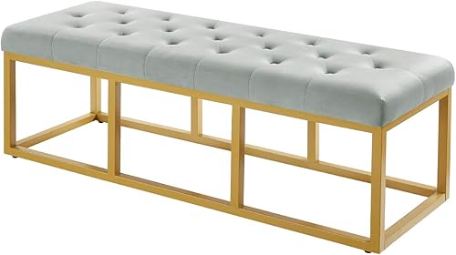 Miniatura 3 de 24KF Banco largo tapizado con patas de metal dorado, banco de terciopelo gris con asiento acolchado, gris