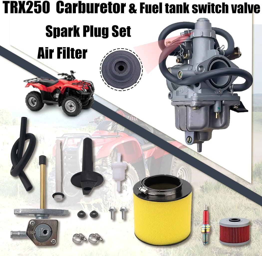 Recon 250 Carburetor with Fuel Tank Petcock Valve Set Fits for Honda TRX 250 Recon250 TRX250TM TRX250TE ATV Carb w/Air Filter Oil Filter Spark Plug 16100-hm8-b01
