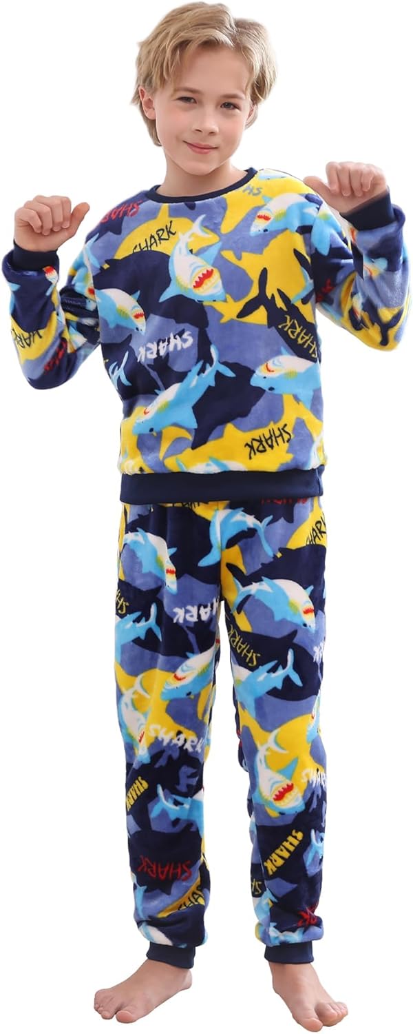 V.&GRIN Boys Fleece Pajamas, Soft Cozy Pullover Sweatshirt Pants Set for Kids 7-16 Years
