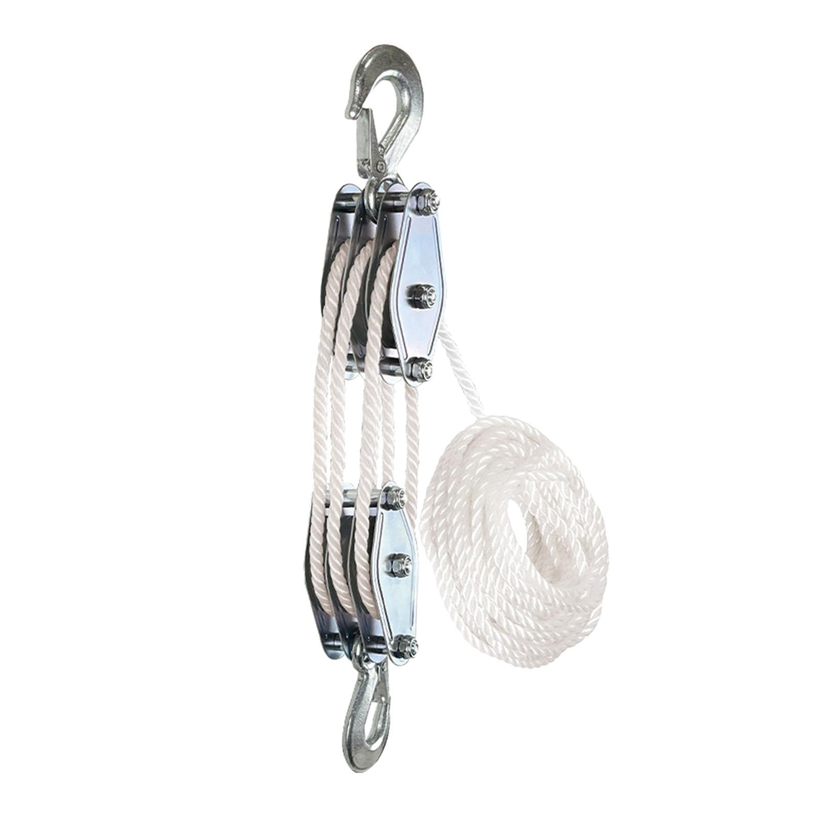 Sistema de polea de elevación de cuerda de 3 ruedas, capacidad de elevación de 15 m, bloque de elevación blanco resistente, ideal para garaje, taller y construcción, manejo eficiente de carga
