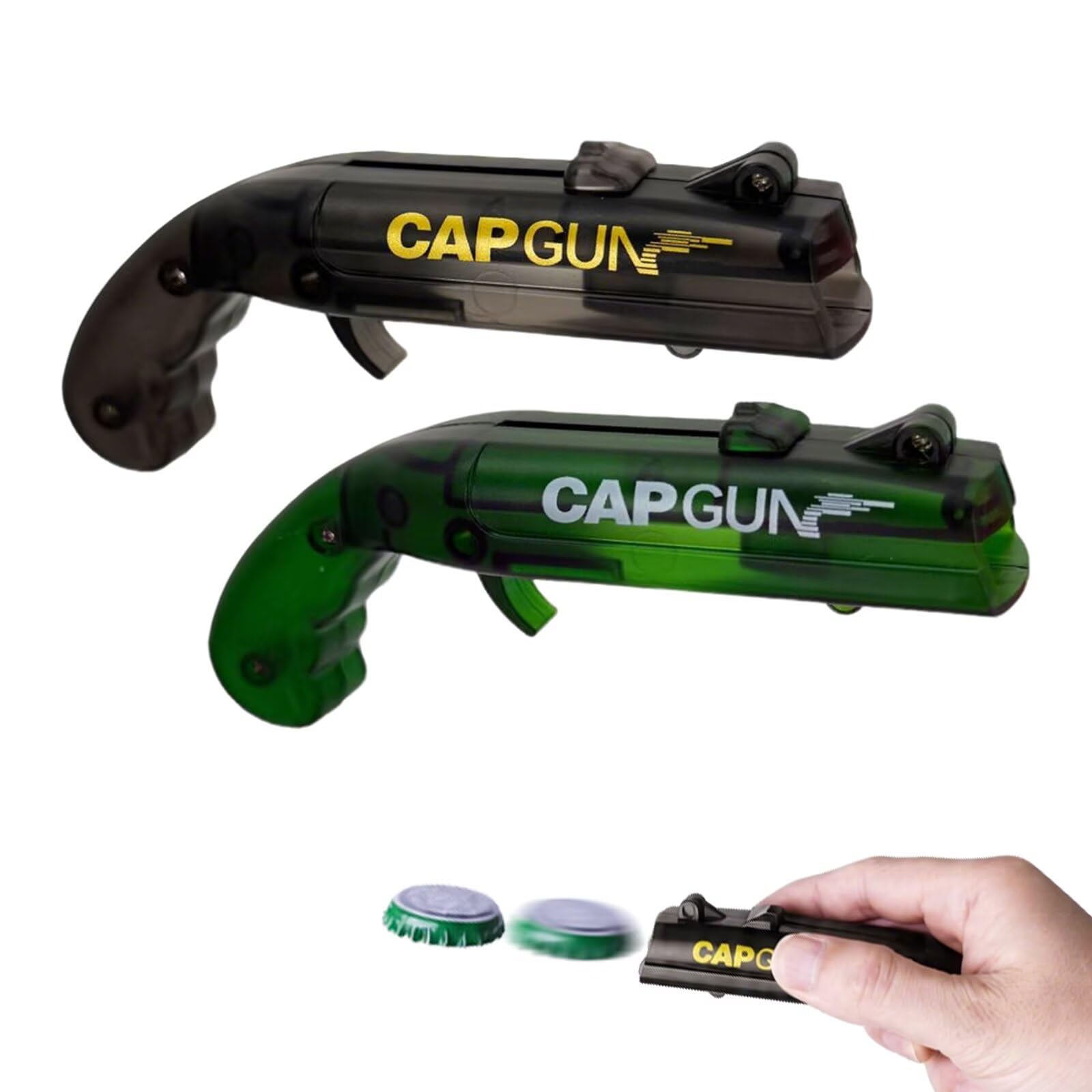 Bottle Opener Cap Gun, 2 PCS Funny Bottle Cap Guns, Novelty Beer Gifts for Men, Unique Bottle Openers Tool for Home, Bar, Christmas/Birthday Party, Drinking, Game (Black & Green)