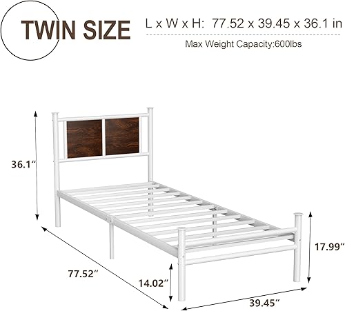 Miniatura 14 de Base de cama tamaño California King con cabecera de madera rústica, marco de plataforma de metal resistente, soporte de listones de acero