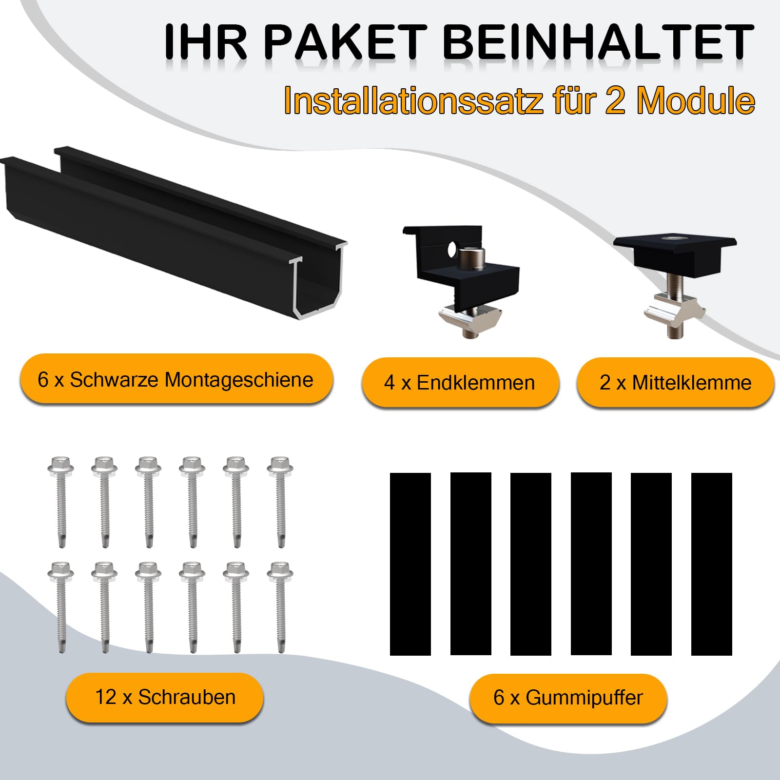 Solarmodul Halterung für 2X Module, PV Halterung Montageset - 12CM Schwarze Schiene + Verstellbare Klemme für 30-35MM Dicke Module, Alu Solarpanel Halterung Flachdach Trapezblech Blechdach