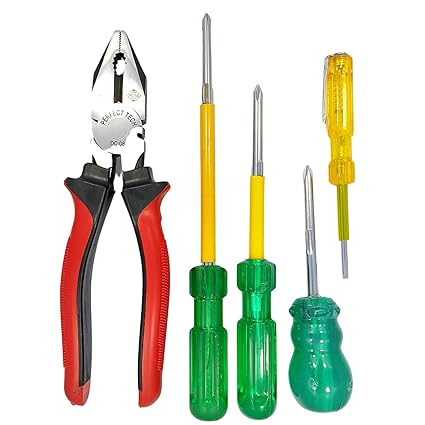 PERFECT TECH Combo Set of 5 Combination Plier 8 Inch | Screwdriver 4,6,8 Inch | Line Tester 8 Inch | Tools Kit Set | Steel Pliers Original | Heavy Duty |