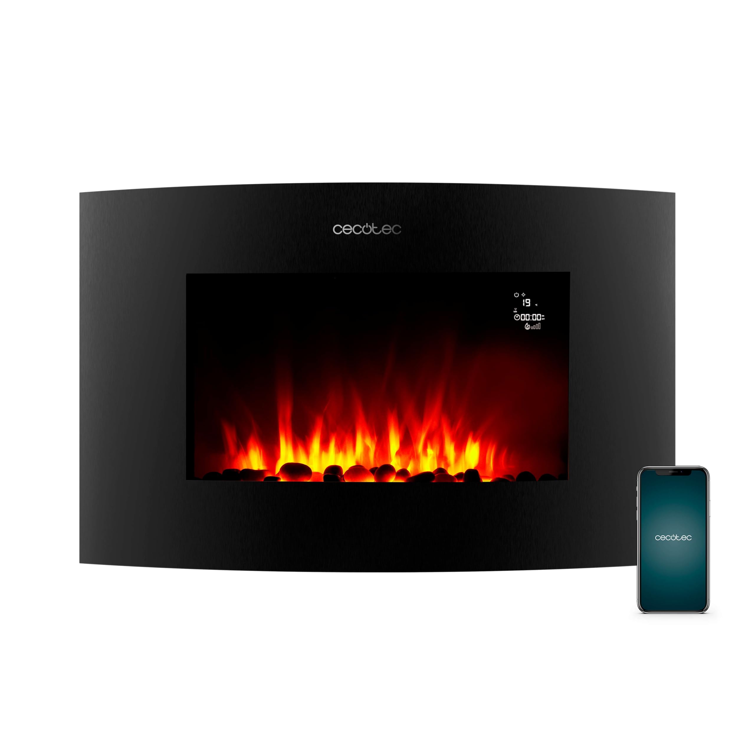 Cecotec Dekoracyjny kominek elektryczny 35 "z pilotem i Wi-Fi ReadyWarm 3560 Curved Flames Connected. Maksymalna moc 2000 W, 2 natężenia, zakrzywiony panel ze szkła hartowanego, regulowany płomień