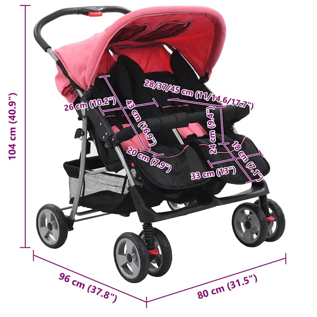 Cochecito gemelar para 2 niños, color rosa y negro, marco de acero, plegable, 6-36 meses