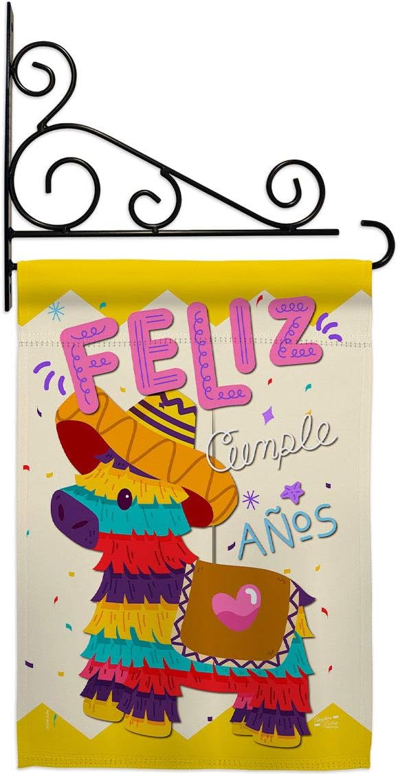 Feliz Cumpleaños Garden Flag Set Wall Holder Celebration Birthday Cake Gift Present Candy Bouquet Occasion Anniversary Party Small Decorative Yard House Banner Made In USA 13 X 18.5