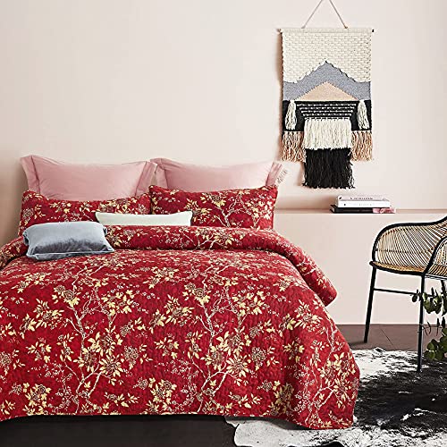 Wake In Cloud - Red Quilt Set, Vintage Floral Flowers Pattern Printed, Soft Microfiber Bedspread Coverlet Bedding (3Pcs, King Size) #TOP3