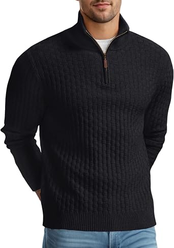 Askdeer Men's Quarter Zip Sweater Waffle Knit Sweater Mock Neck Polo Sweater Casual Pullover Sweater with Ribbing Edge