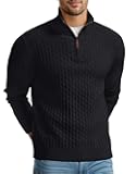 Men's Quarter Zip Sweater Waffle Knit Sweater Mock Neck Polo Sweater Casual Pullover Sweater with Ribbing Edge