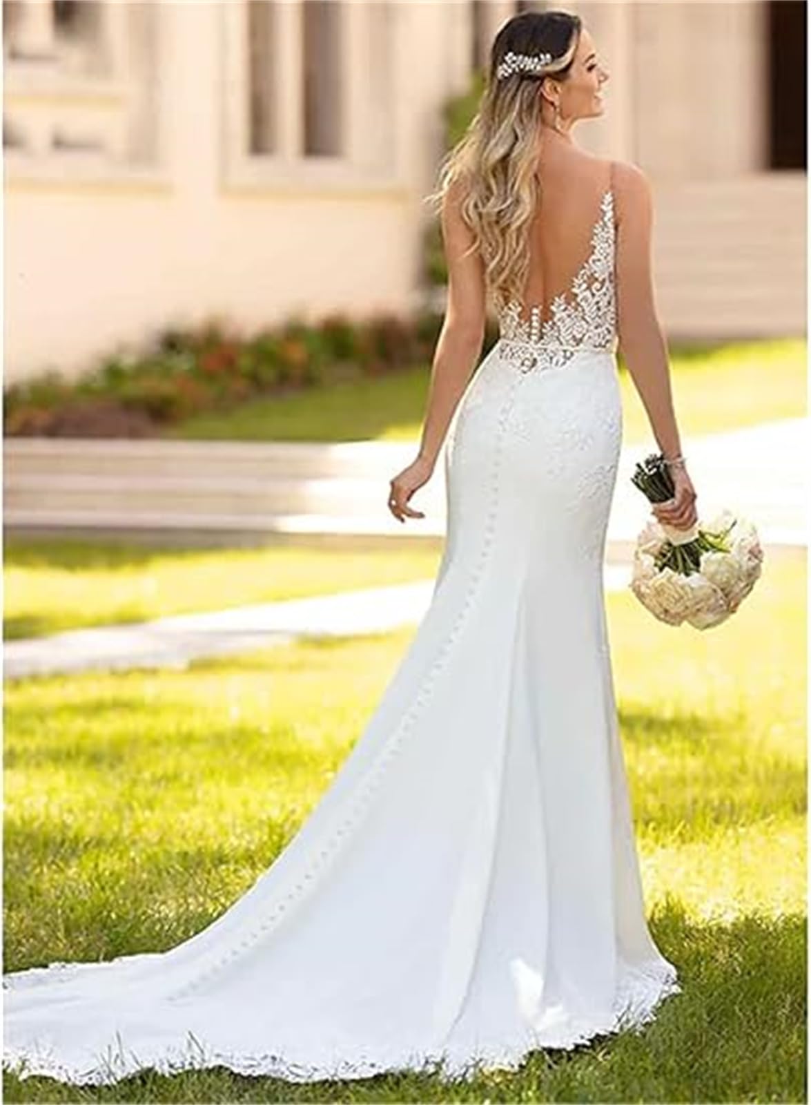 TSxuelian Vestidos de novia de satén para mujer, sin mangas, estilo bohemio, largo, de encaje
