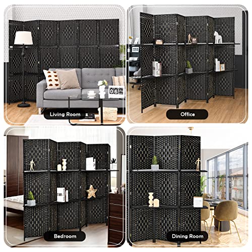 Giantex 6Ft 6 Panel Room Divider With Shelves, Freestanding Hand-Woven Rattan Folding Privacy Screens For Room Separation, Wooden Partition Room Divider Wall For Home Office Studio Separator #TOP7