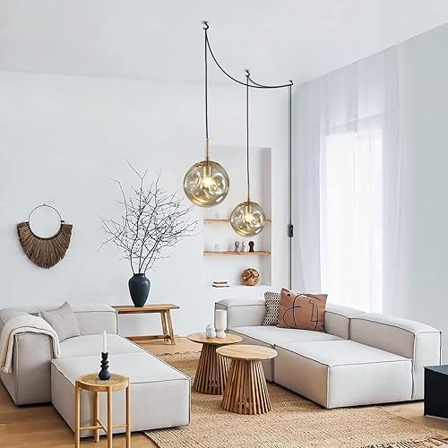 Miniatura 5 de BOKT Lámpara colgante de vidrio ámbar dorado con cable de enchufe, moderno globo grande enchufable, iluminación colgante de latón cepillado, lámpara