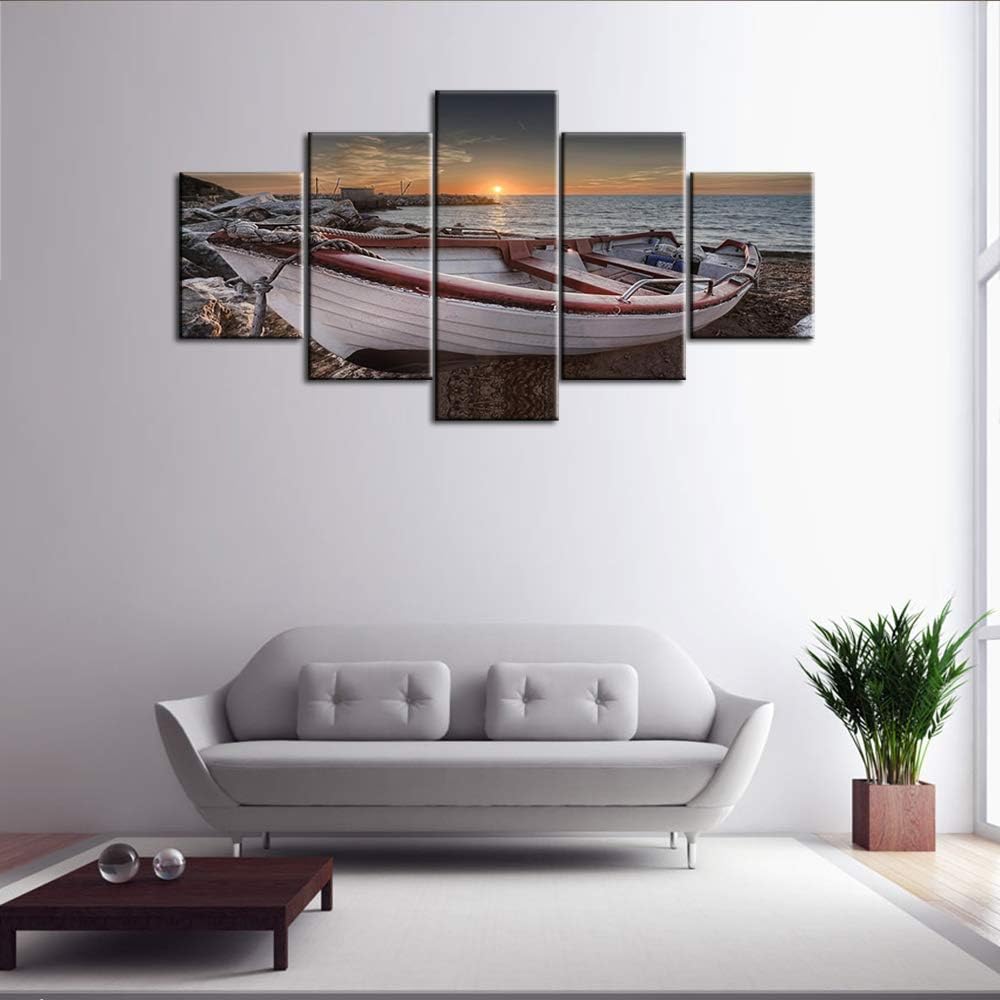 5 Piece Canvas Wall Art For Living Room- Turquoise Red Fishing Boat at Sunrise on Bournemouth Beach with Pier in Far Distance - Modern Home Decor Stretched and Framed Ready to Hang - 60"W x 32"H 60"W x 32"H Artwork-04