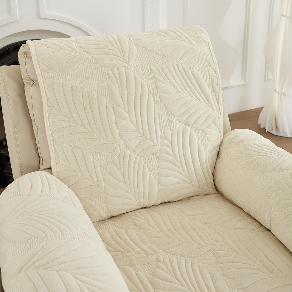 ROOMLIFE Palm Leaves Velvet Plush Quilted Recliner Chair Covers, Soft Non-Slip Dog Chair Cover Furniture Protector Washable Slipcover with Pocket, Elastic Straps for Pets, Kids (White, 23.6"X 91")