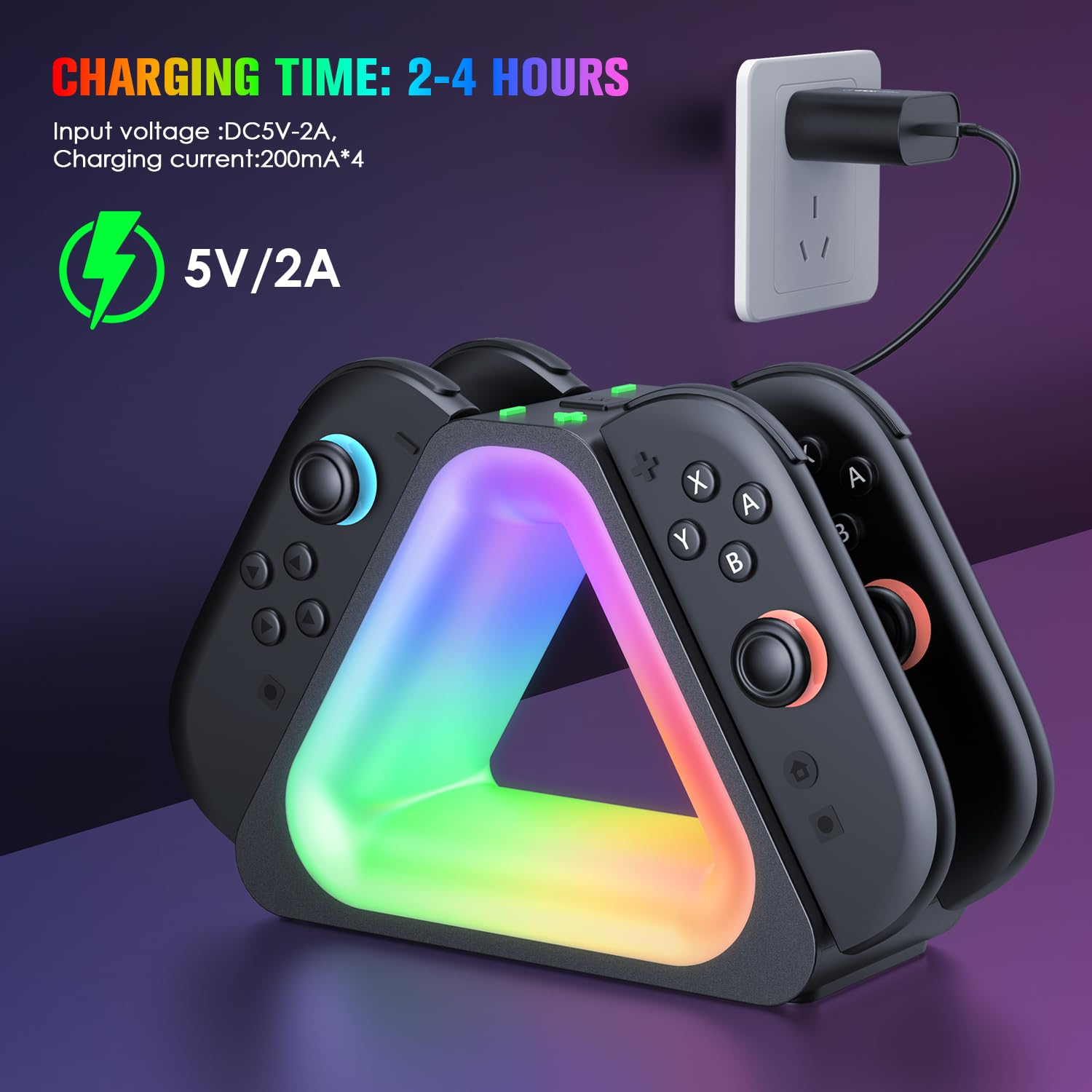 JORREP Station de charge pour Nintendo Switch 2, manette Joy Con avec affichage LED/lumières RVB/câble de charge USB de type C