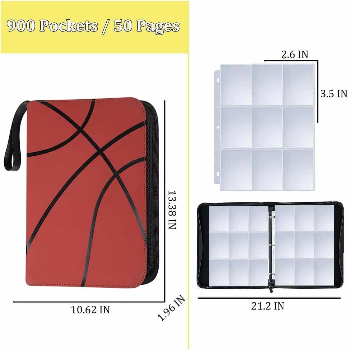 900 Pockets Basketball Trading Card Binder, Card Binder Album Folder with 50 Top-Loading Page Sleeves, 9 Pocket Card Binder for Game Cards, Sports Cards, Baseball Cards Black (9 Pocket, Basketball)