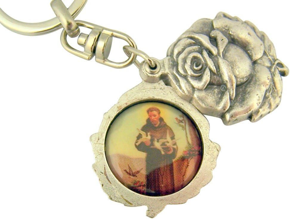 Religious Gifts Silver Tone Saint Francis with St Anthony Sliding Rosebud Medal Key Chain, 1 3/4 Inch