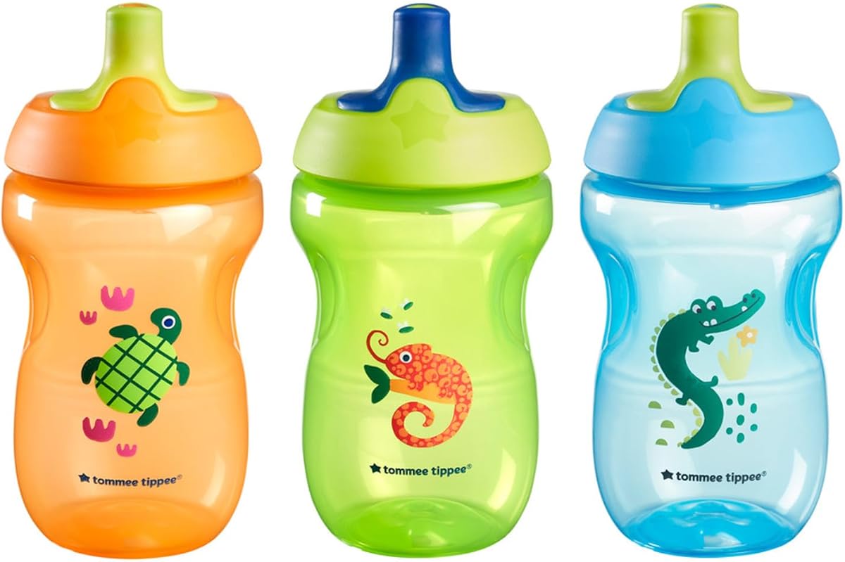 Tommee Tippee Sippy Cup para niños pequeños, boquilla deportiva, 1-3 años, a prueba de derrames | Paquete de 3, 10 oz, boquilla resistente a las picaduras, diseño fácil de sostener, naranja, verde y azul, sin BPA