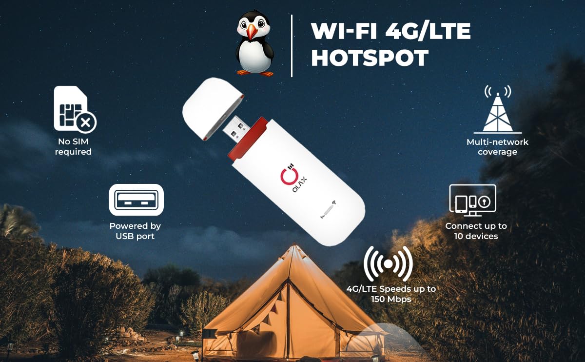 Puffin Smart 4G LTE-Advanced USB WiFi Dongle & Mobile Hotspot Router – Portable Modem with Pre-Installed Spectrum Smart SIM Card – Ideal for Travel