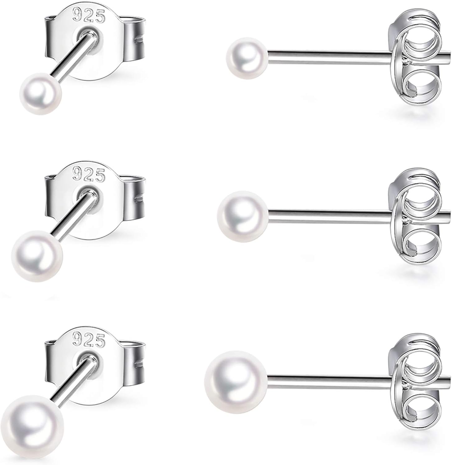 EPIRORA Sterling Silver Stud Earrings for Women- 3 Pairs Tiny Ball Stud Earrings Round CZ Cubic Zirconia Earrings Pearl Earrings Set Cartilage Small Tragus Earrings(2mm,3mm,4mm)