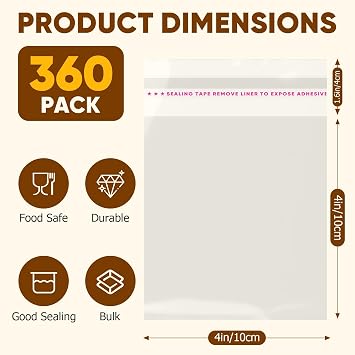 NEOACT 360 Pcs Cookie Bags, 4x4 Clear Cellophane Treat Bags
